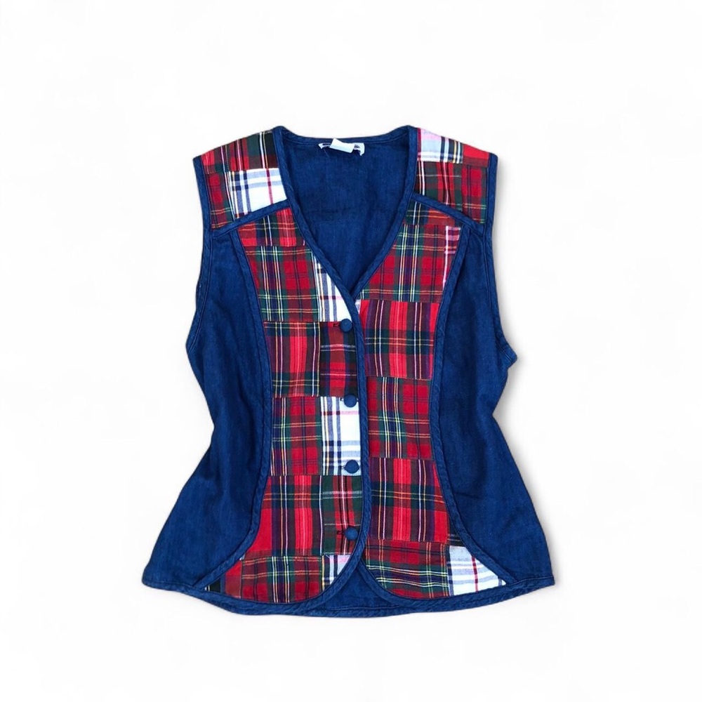 Vintage Preppy Academia Whimsygoth Patchwork Denim Plaid Vest Shirt Top Jacket
